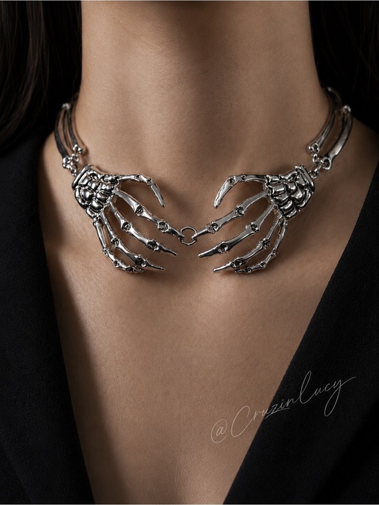 Boutique Jewelry - Gothic Skeleton Hands Necklace – Statement Choker – Silver Tone 🖤